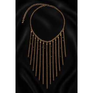 Gold Black Fringe Necklace Statement Long Layered Chain Boho Glam Jewelry